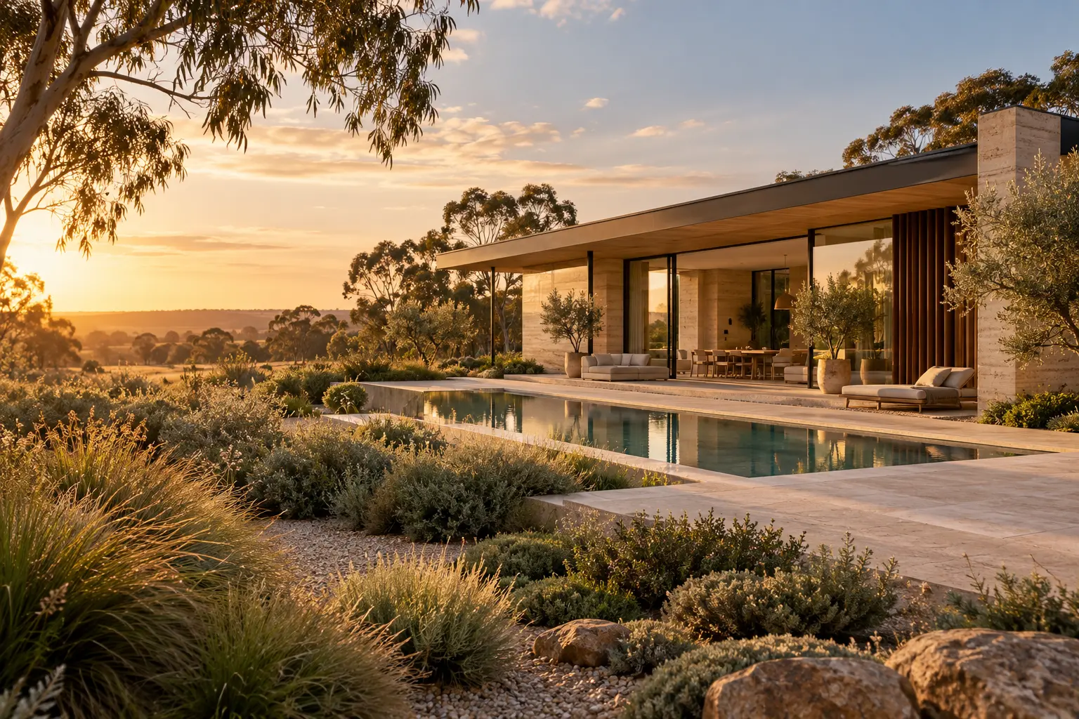Generated architectural concept: a warm timber and stone home in the Australian landscape